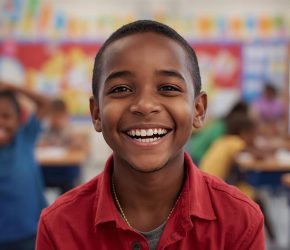 criança negra na escuela feliz