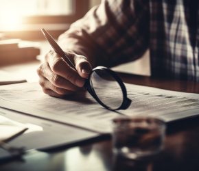 Young businessman analyzing data, holding magnifying glass generated by artificial intelligence